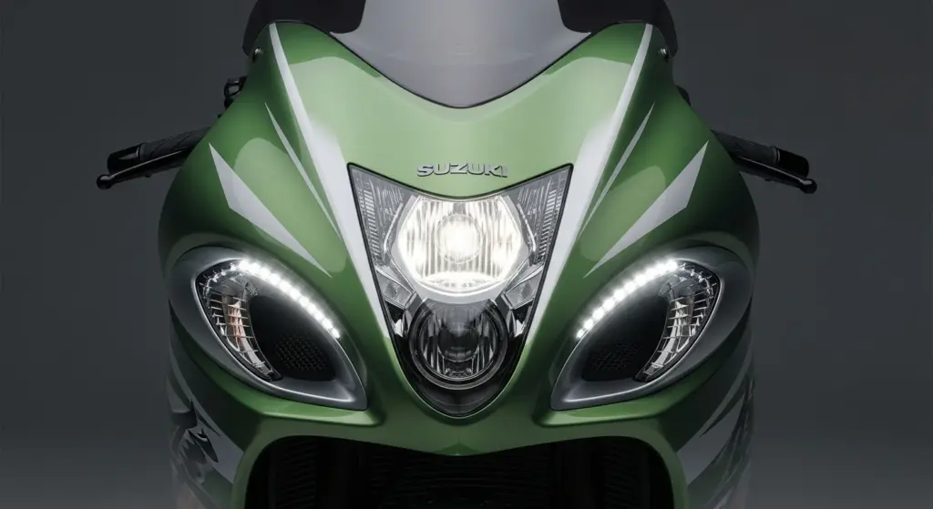 2025 Suzuki Hayabusa in Metallic Matte Sword Silver, displayed outdoors on an American highway background at sunset, cinematic lighting, sharp focus, modern launch showcase.