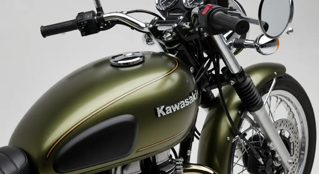 Close-up of 2026 Kawasaki W230’s tank, mirrors, and retro design elements