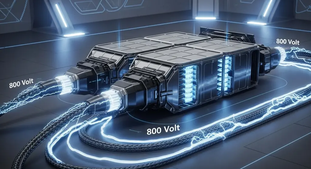 Ferrari Elettrica 122 kWh battery and 800-volt fast-charging setup illustrated with glowing electric visuals.