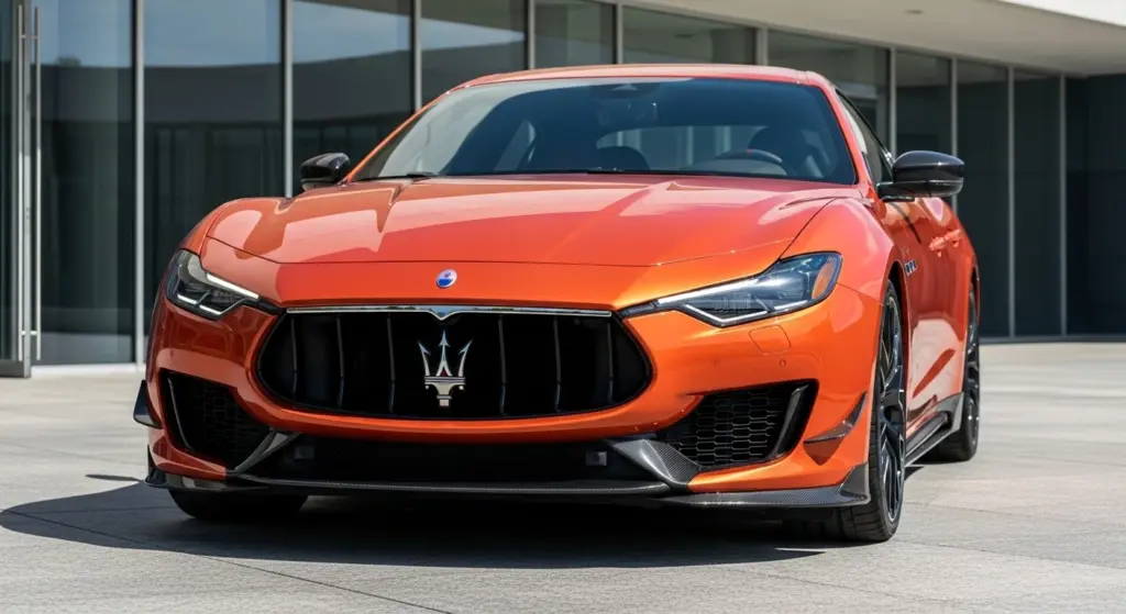 Front three-quarter view of the 2026 Maserati MCPura in Devil Orange showing new aerodynamic design updates
