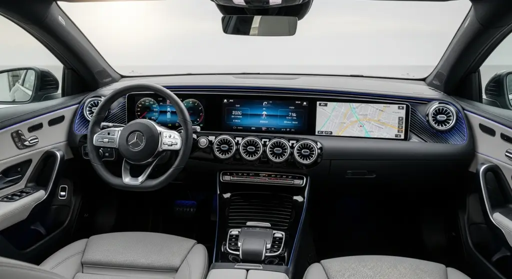 Interior of 2026 Mercedes-Benz CLA showing the new Superscreen display and AI-powered MBUX system