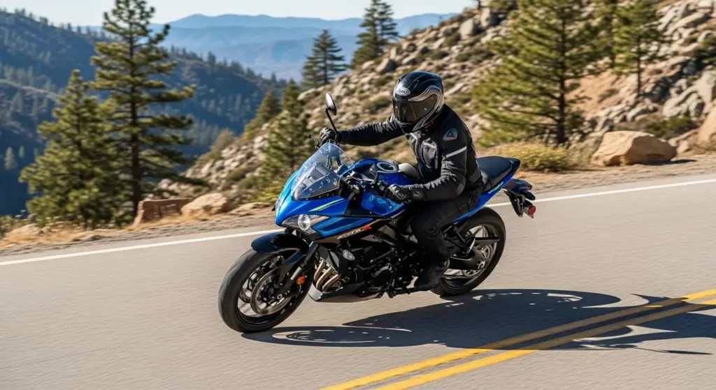 Rider enjoying a Suzuki GSX-8T on winding mountain roads demonstrating its performance and comfort