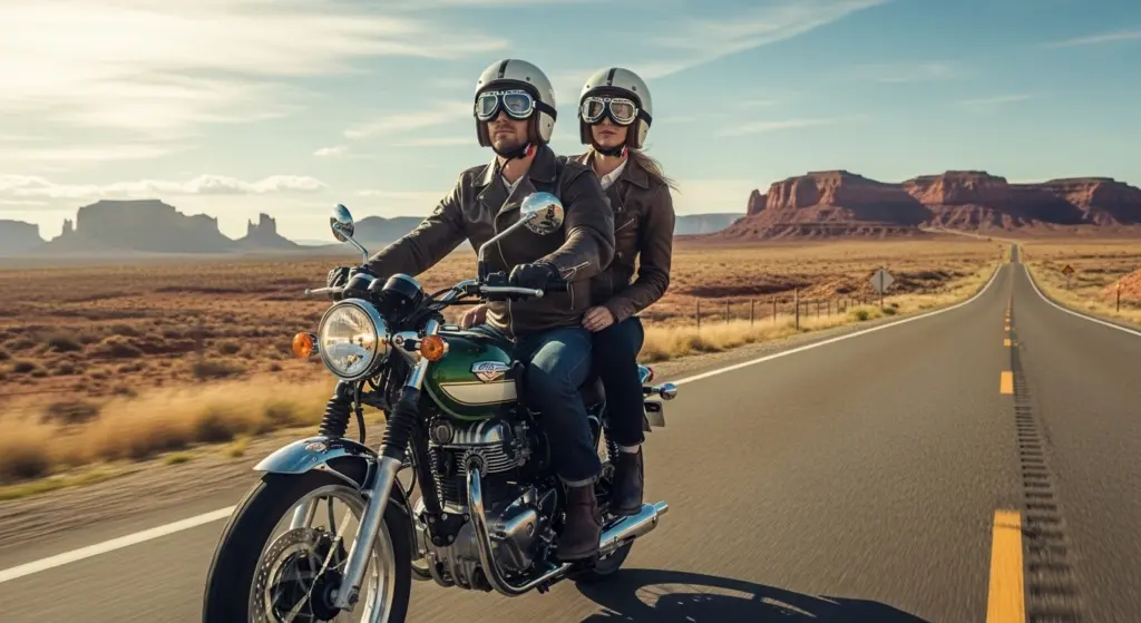 Riders enjoying a Kawasaki W230 on Route 66, showcasing retro lifestyle appeal