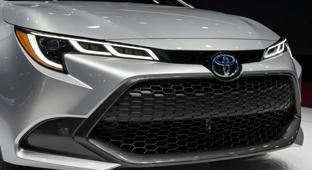 Toyota Corolla concept front view showing LED headlights and bold design lines.