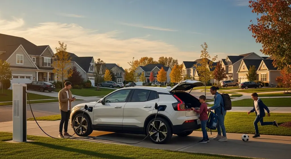 Volvo EX30 Single Motor EV charging at a suburban fast-charging station