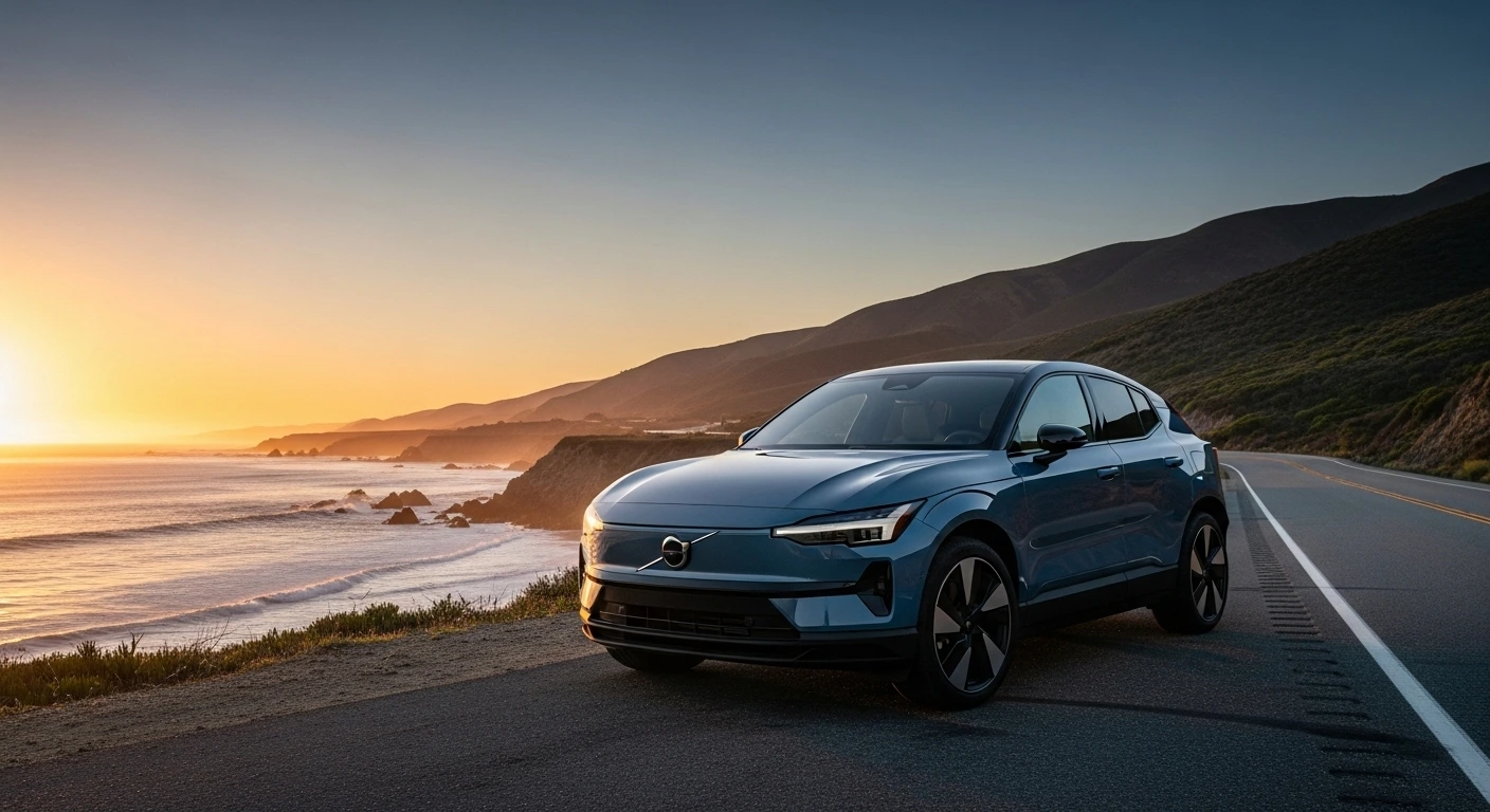 2025 Volvo EX30 Single Motor EV parked on a California highway at sunrise