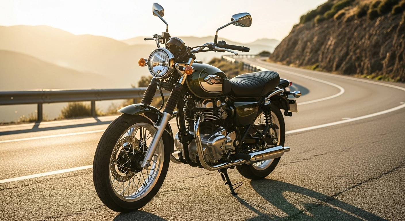 2026 Kawasaki W230 in Metallic Matte Dark Green parked on a scenic road during sunset
