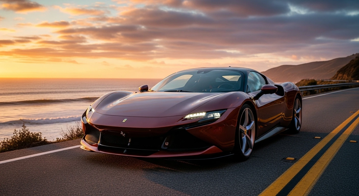 Ferrari Elettrica 2026 interior with digital cockpit and red leather seats A high-resolution cinematic shot of the Ferrari Elettrica 2026 electric supercar parked on a scenic coastal road in California at sunset, highlighting its aerodynamic body, glowing headlights, and the