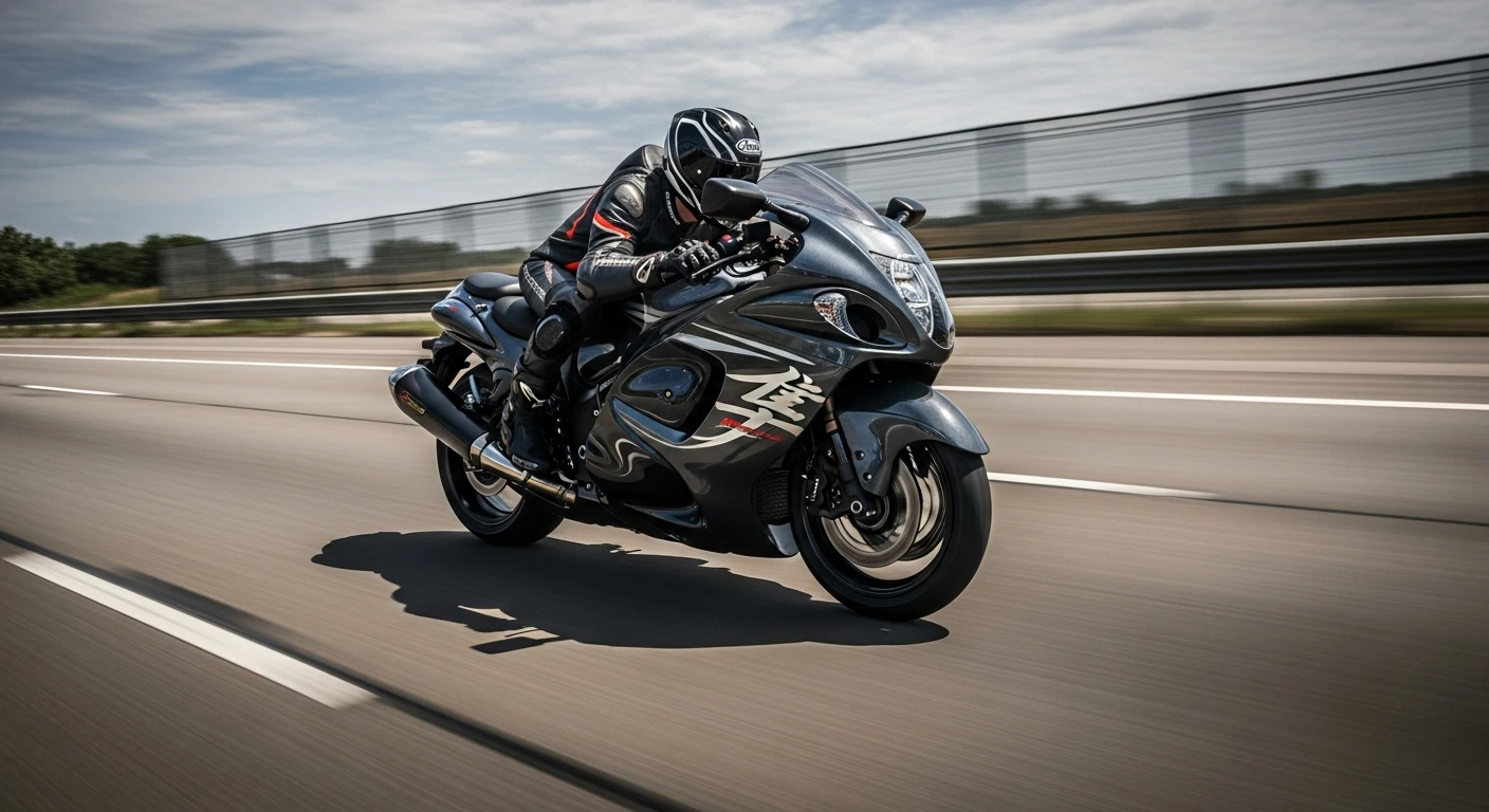 Action shot of 2025 Suzuki Hayabusa racing on highway, motion blur background, showcasing speed and power, rider in full gear, dynamic camera angle