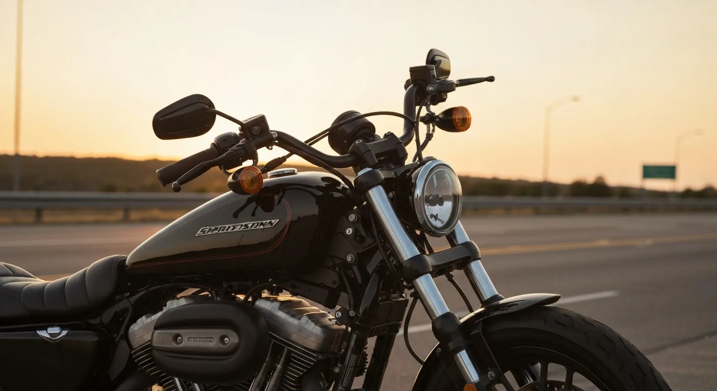 Harley-Davidson Sportster S recall image showing front triple clamp and styling at sunset on U.S. highway. Harley-Davidson Sportster S recall image showing front triple clamp and styling at sunset on U.S. highway.