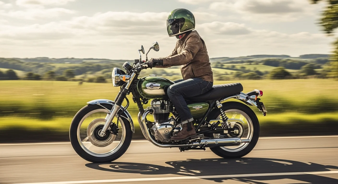 Rider on the 2026 Kawasaki W230 ABS enjoying a countryside ride, blending vintage design with modern performance